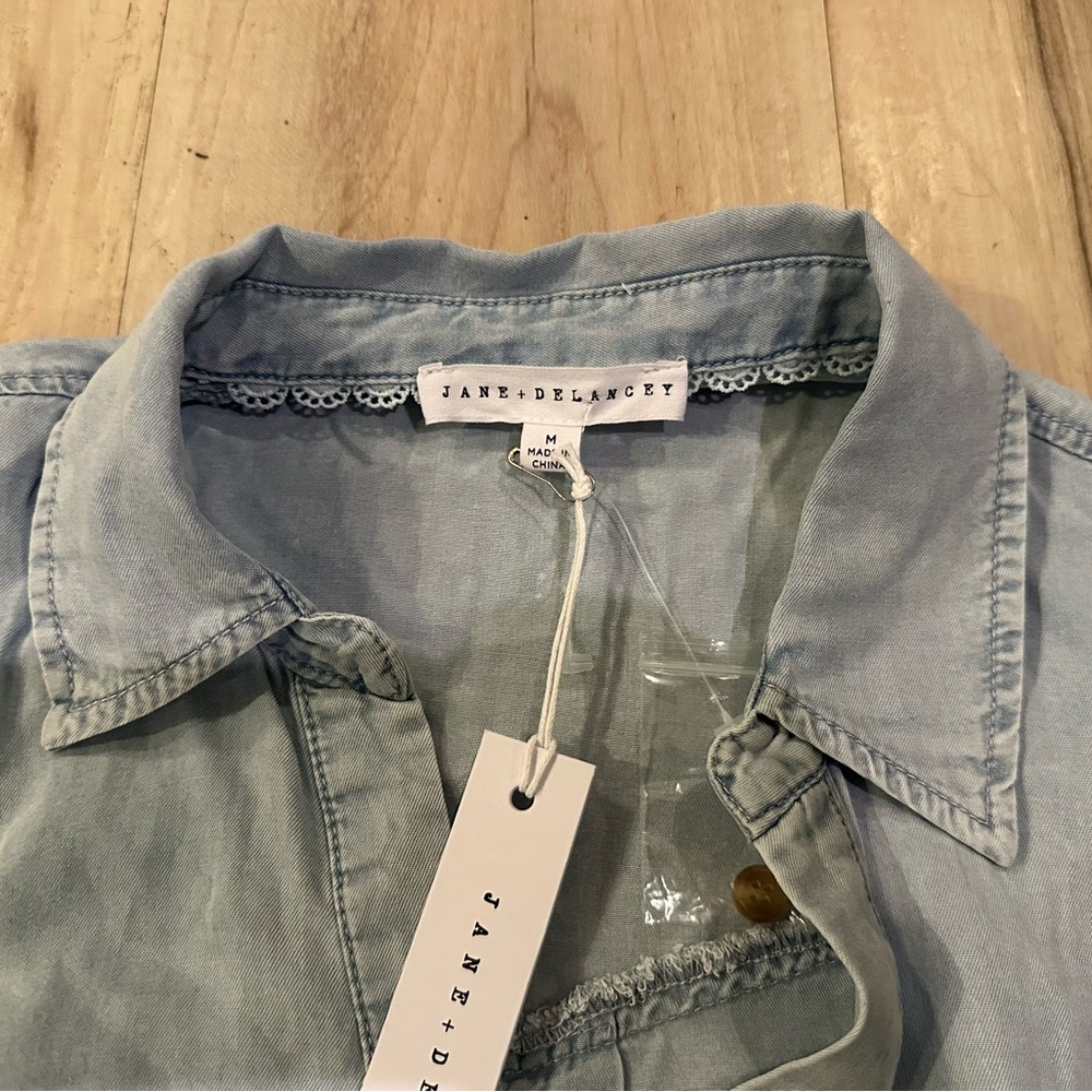 BOHO Jane and Delancey Light Blue Puff Sleeve Denim Look Button-Up Blouse - Picture 2 of 5